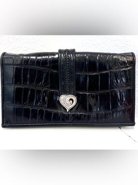 Brighton Croc-Embossed Black Leather Wallet Heart Hardware